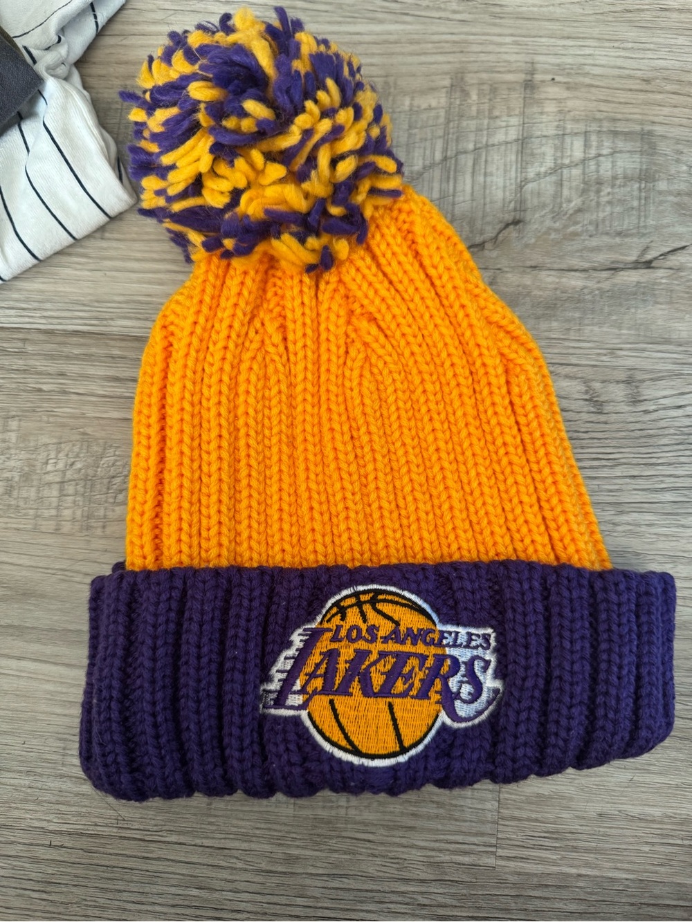 Kids Knit Pom Beanie Hat - Purple and Gold (Lakers)